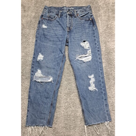Old Navy Jeans Womens Sz 2 Slouchy Straight Leg Denim Blue ButtonFly Distressed - Picture 2 of 13